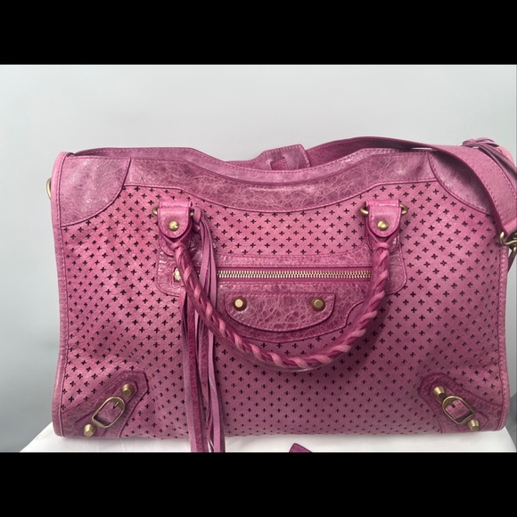 BALENCIAGA Purple Pink Perforated Fuchsia Leather GIANT GOLD HW MINI CITY BAG - Picture 15 of 15